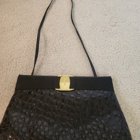 Salvatore Ferragamo Handbags - Salvatore Ferragamo Black Textured Crossbody Bag with Gold Accent